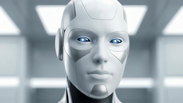 Futuristic robot artificial intelligence humanoid with white silver blue eye technology innovation modern emotionless closeup expression face metal