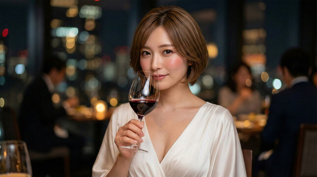 白いドレスの美女と都会の夜景。高級レストランで赤ワインを楽しむ至福のひととき
