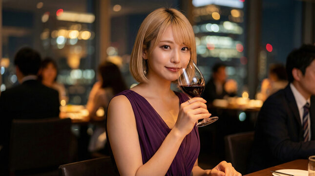金髪の美しい女性とディナー。紫のドレスが映えるロマンティックな夜のレストラン