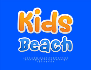 Vector Touristic logo Kids Beach. Blue Sticker Font. Playful Children Alphabet Letters and Numbers set.