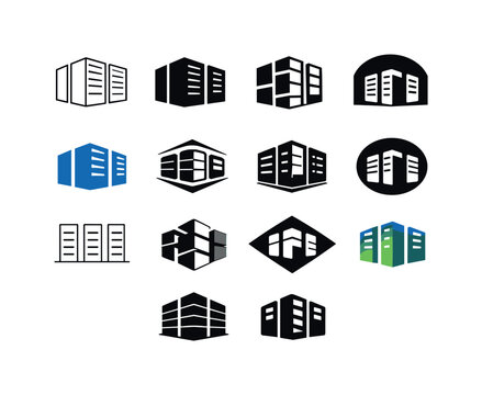 Data Center Icons. Data center operations. Icon set. Set Logo of Data center operations: server racks in organized rows. harmonious logo variations of the same
