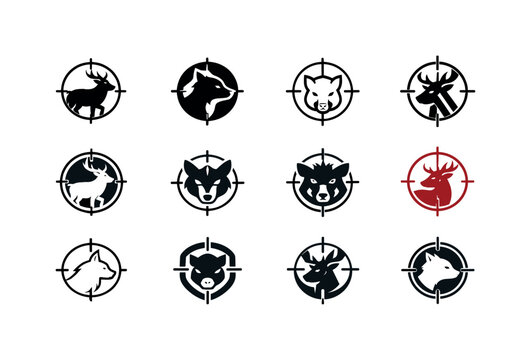 Ruthless hunters. Icon set. Set Logo of ruthless hunters: crosshair with prey. harmonious logo variations of the same emblematic concept,