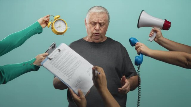 Man holding clipboard reads with furrowed brow while hands thrust megaphone, alarm clock and handset toward him in a studio; stress urgency pressure.