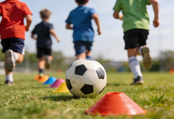 Obraz premium Children Running on Grass Field with Soccer Ball and Cones kids