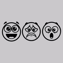 Fototapeta premium Three black circular emoticons displaying happy sad and surprised expressions