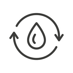 recycle liquid icon, drop with spin arrows, water circulation, web interface element, line vector