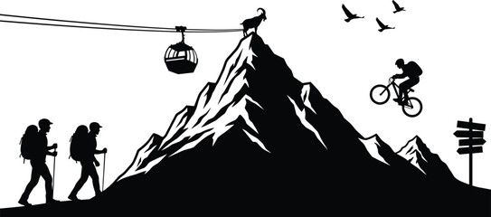 Black and white vector illustration of mountain adventure scene with hikers, cyclist, cable car, goat, birds, and outdoor exploration activities © Mortuza Samiha