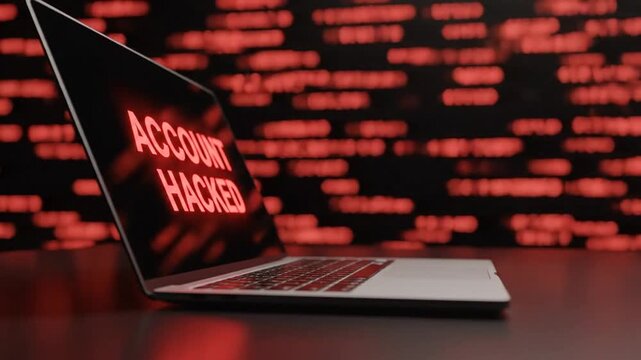 Cybersecurity Breach Alert Account Hacked on Laptop Screen with Digital Code Background.