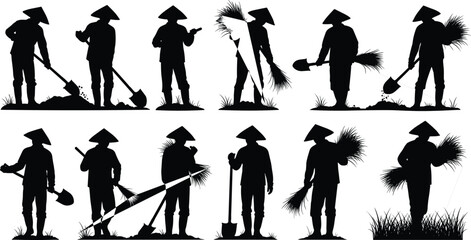 Fototapeta premium Black and white vector illustration of traditional Asian farmers wearing conical hats engaged in rice field agricultural work with tools
