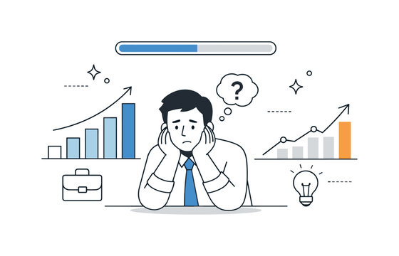 Career stagnation anxiety. A progress bar above a character remains unchanged while other graphs move upward. Scene of professional pressure
