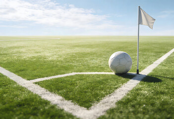 White Soccer Ball Placed On Green Football Field Corner With Flag graphic design
