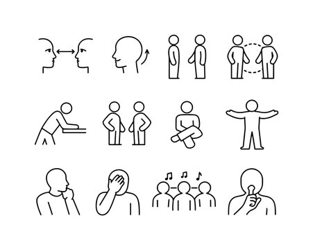 Nonverbal Cues Icons. Nonverbal communication cues. Line icon set of Nonverbal communication cues: eye contact, head nod, body orientation, personal space,