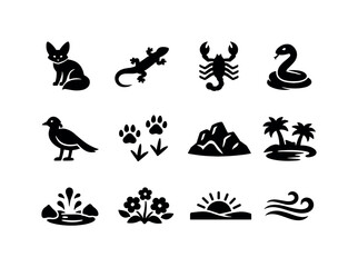 Obraz premium Desert camping experiences. Solid icon set of nature and wildlife: desert fox, lizard, scorpion, snake, desert bird, animal tracks, rocky