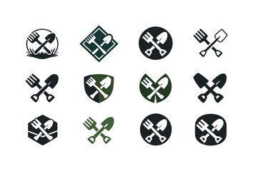 Rake and Shovel Icons. Rake and shovel. Icon set. Set Logo of rake and shovel: landscaping tools badge. harmonious logo variations of the same emblematic
