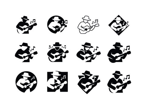 Street musician playing instrument. Icon set. Set Logo of street musician playing instrument: busker with hat and notes. harmonious logo