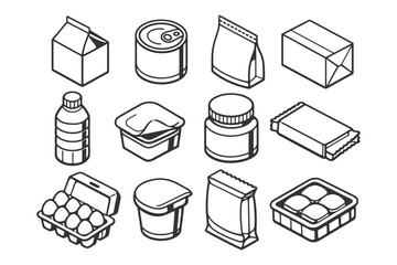 Line art icons of various food and beverage packaging containers.