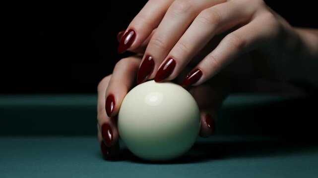 Burgundy manicure hand holding white billiard ball on felt table moody elegant nail composition