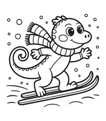 Cute Cartoon Chameleon Skiing Winter Line Art Vector