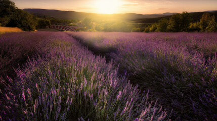 Obraz premium Lavender Field at Sunrise with Sun Rays and Mountain Valley Landscape
