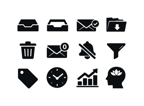 Inbox Zero Icons. Inbox Zero Lifestyle. Solid icon set of Inbox Zero Lifestyle: inbox tray, empty inbox, checkmark email, archive folder, delete email, unread