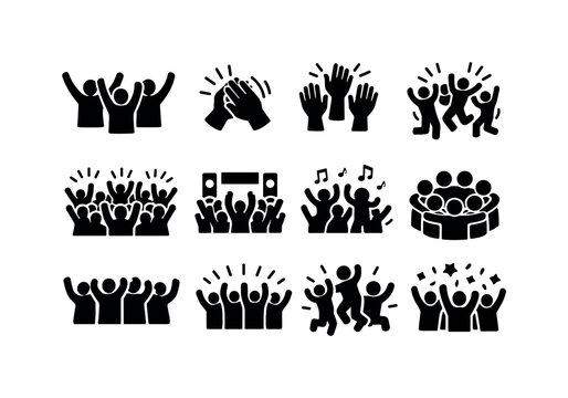 crowd celebration. Solid icon set of crowd celebration: cheering silhouettes, clapping hands, raised arms, joy motion lines, mass excitement,