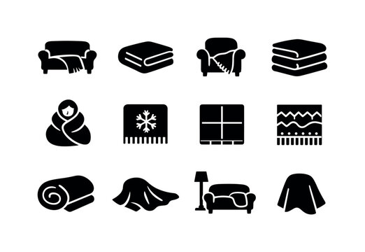 Home comfort blanket. Solid icon set of home comfort blanket: sofa blanket, folded throw, blanket on armchair, blanket stack, cozy wrap,