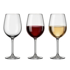 Three wine glasses with different colored liquids isolated on transparent background