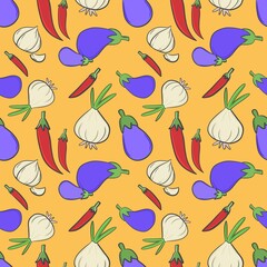 Obraz premium Seamless vegetable pattern with eggplant, chili pepper, and onion on yellow background for organic food packaging