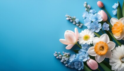 Spring Flowers On Blue Background