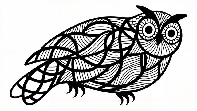 Graphic illustration of a stylized owl with intricate zentangle patterns on a white background, black and white tattoo sketch