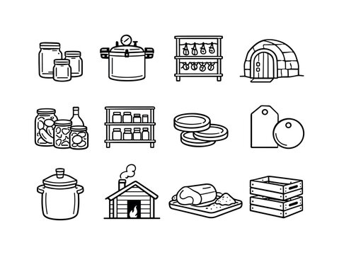 Food preservation homestead. Line icon set of Food preservation homestead: glass canning jars, pressure canner, drying rack, root cellar,