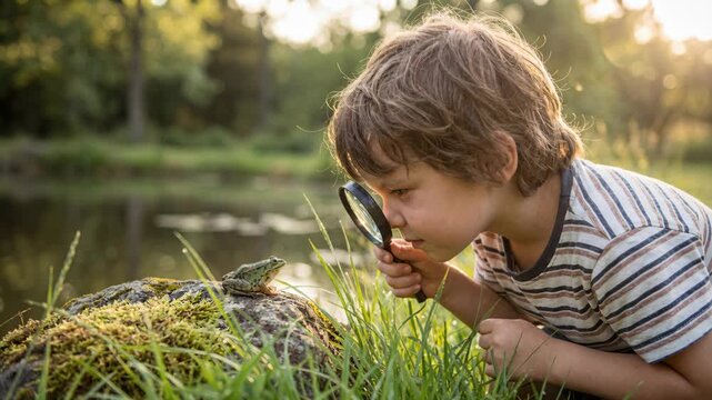 Boy discovers tiny world with magnifying glass by lakeside. Child curiously examines grass and water plants in natural outdoor setting. Exploration and nature learning concept for kids adventure.