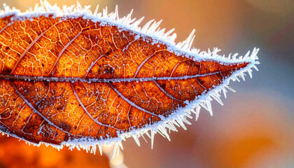 Frosted autumn leaf with intricate venation shimmering under soft sunlight, showcasing the delicate beauty of winter's embrace on nature.