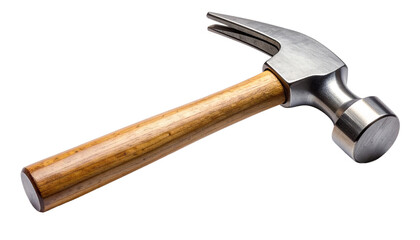 Claw hammer with wooden handle and polished steel head. A classic carpentry and construction tool for driving and removing nails, isolated on a clean transparent background. Realistic photo.