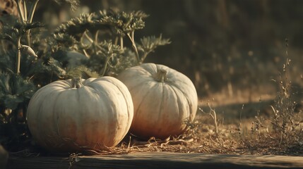 Two Pale Orange Pumpkins in Autumn Grass and Foliage