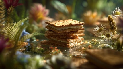 Wafer Cookies in Whimsical Floral Landscape with Reflection