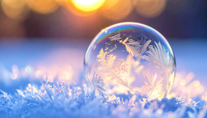 A delicate frozen soap bubble rests on a sparkling bed of ice crystals, bathed in the soft, warm light of a golden winter sunrise or sunset.