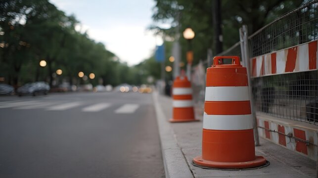 Orange traffic cones and construction barriers line a city street near a pedestrian crossing