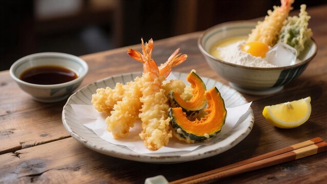 Crispy tempura shrimp and pumpkin served on a rustic wooden table, perfect for a cozy dining experience.