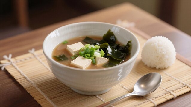 A steaming bowl of miso soup with tofu and seaweed, accompanied by a fluffy rice ball, perfect for a cozy meal.
