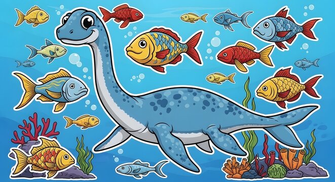 A funny cartoon set of Tyrannosaurus dinosaur vector illustrations featuring a baby shark, octopus, and turtle in a marine nature pattern design