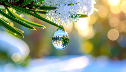 A glistening water droplet hangs from a frosted pine needle, reflecting a vibrant forest scene under the warm glow of the setting sun.