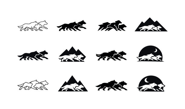 Hunting in packs. Icon set. Set Logo of hunting in packs: wolf pack silhouettes. harmonious logo variations of the same emblematic concept,
