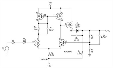 Technical schematic diagram of analog electronic device. Vector drawing electrical circuit with 
transistor, capacitor, resistor, diode, constant voltage source,  other components.