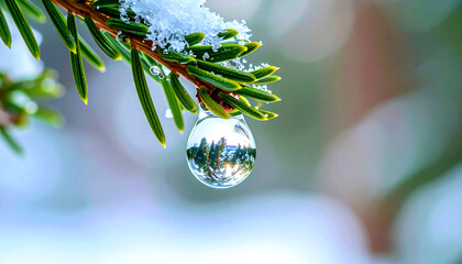 A glistening water droplet hangs delicately from a snow-covered pine branch, beautifully reflecting a serene winter forest landscape with distant snowy peaks.