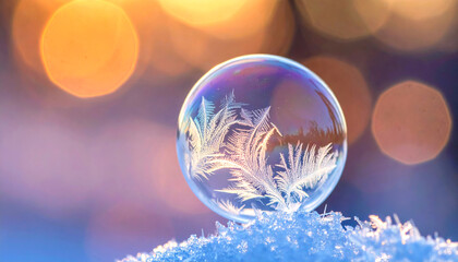 A delicate frozen soap bubble rests on a bed of sparkling ice crystals, reflecting the warm, blurred bokeh lights of a winter sunset.