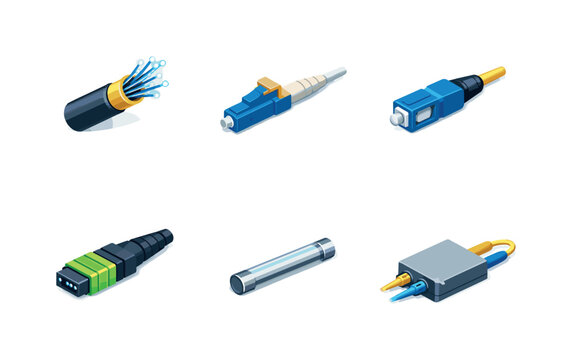 Fiber optics. Isometric flat vector icons set of fiber optics: fiber optic cable end, LC connector, SC connector, MPO connector, fiber splice