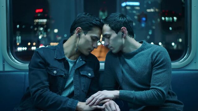 Intimate Gay Couple Shares Love on a Night Train Ride
