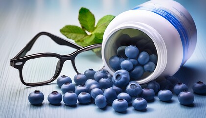 Blueberries Supplement Bottle And Glasses Representing Natural Vision Care And Eye Health Support