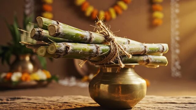Festive display with sugarcane bundles tied together beside traditional brass pot for Diwali celebrations. Sugarcane symbolizes prosperity and joy, attracting abundance during Diwali,